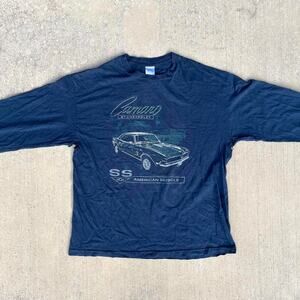American Muscle Camaro Distressed Navy Long Sleeve Shirt Chevy Car